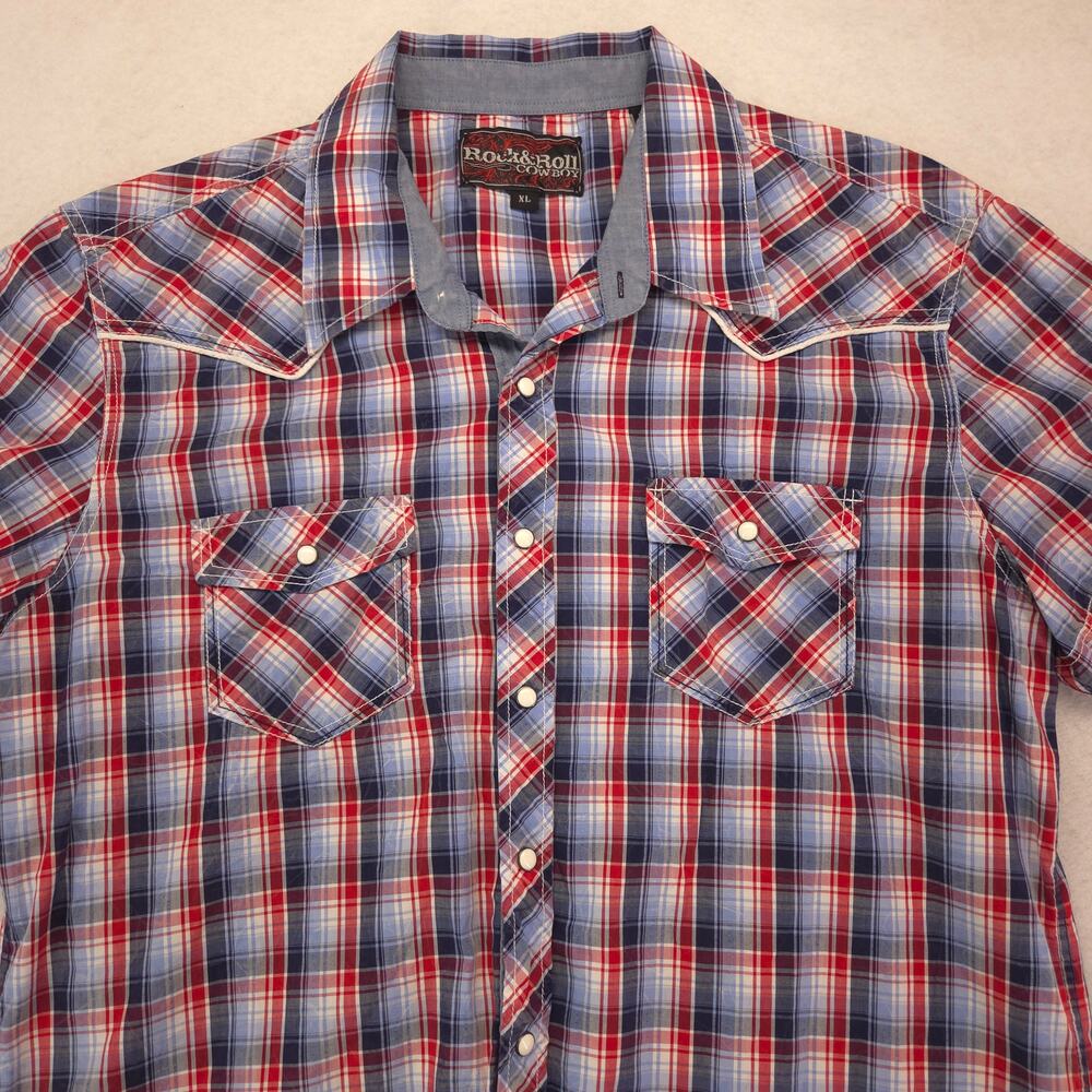 Rock & Roll Cowboy Short Sleeve Button Up T-Shirt Adult Mens Size XL Red Blue